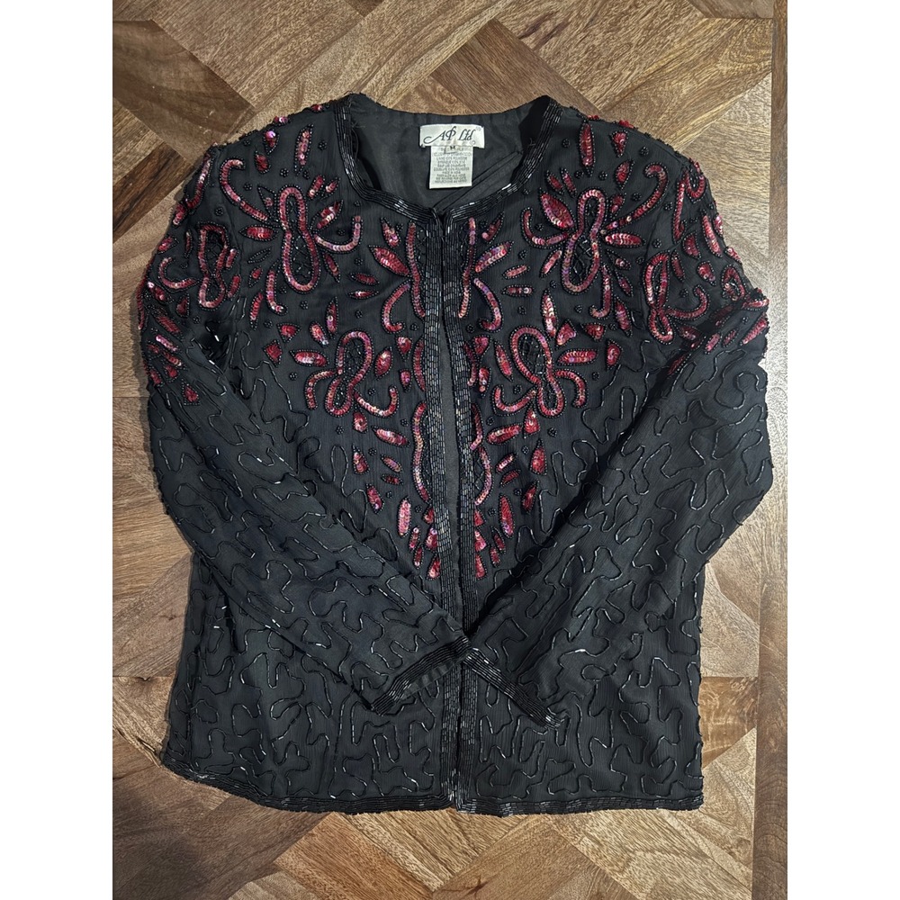 Vintage 90s AP LTD Beaded Sequin Silk Jacket Whimsigoth Goth Sequin Maximalist M
